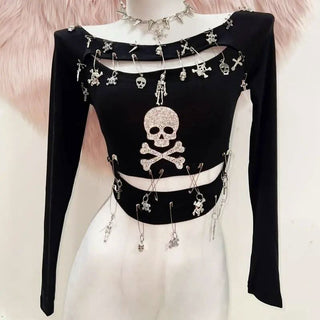 Long sleeve hollow out skull beaded cut out top