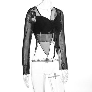 Mesh long sleeve v neck leopard print ruched top