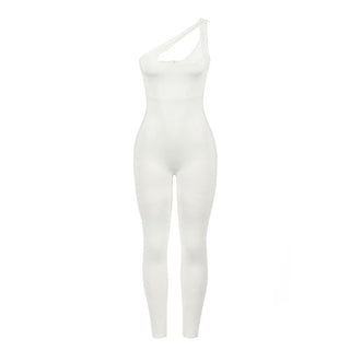 Irregular one shoulder zip-up solid hollow out jumpsuit