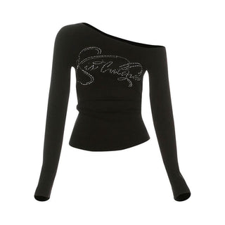 Long sleeve beaded one shoulder ruched top