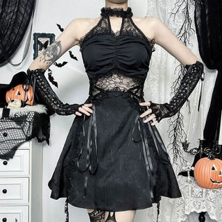 Halter ruffle hollow out lace hem cut out mini dress