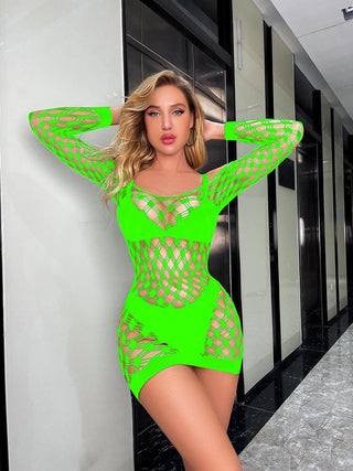 Long sleeve off shoulder hollow out fishnet cut out mini dress