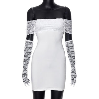 Off shoulder gloves patchwork lace mini dress