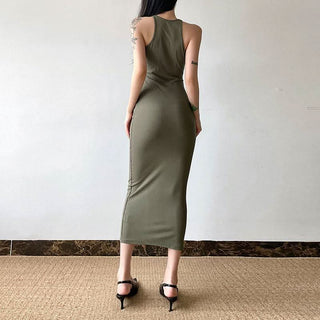 U neck self tie hollow out solid cut out maxi dress