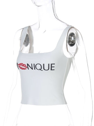 Square neck "MNIQUE" pattern backless cami top