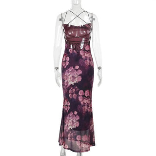 Cross back square neck flower print spaghetti strap maxi dress