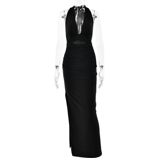 Halter deep v neck slit backless ruched maxi dress