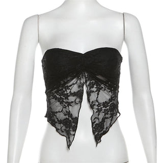 Lace ruched slit ruffle solid tube top