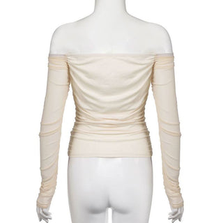 Long sleeve off shoulder mesh ruched top