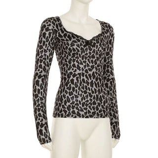Leopard print long sleeve v neck lace hem bowknot top