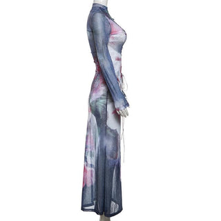 Long sleeve print sheer mesh lace up maxi dress