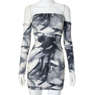 Off shoulder tie dye print long sleeve mini dress