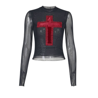 Crewneck long sleeve mesh cross pattern top