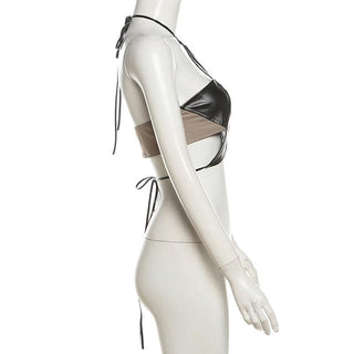 Halter PU leather star pattern backless crop top