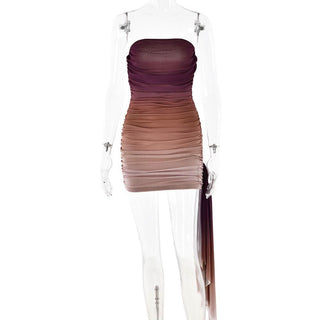 Ruched gradient mesh backless tube mini dress