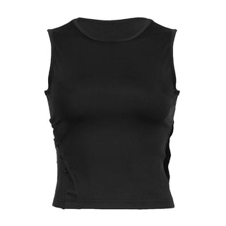 Irregular crewneck button hollow out cut out top