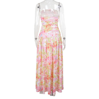 Ruched flower print backless tube maxi dress