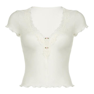Short sleeve v neck ruffle lace hem ribbed top