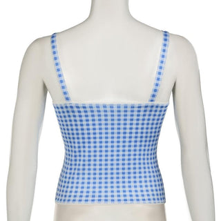 Lace hem plaid backless bowknot cami top