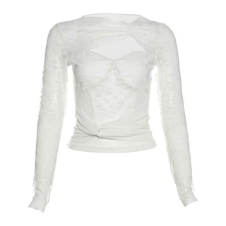 Long sleeve hollow out ruched lace cut out top