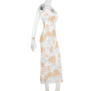 Mesh cowl neck flower print spaghetti strap midi dress