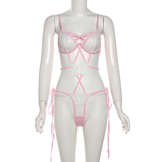 Lace butterfly pattern cross front hollow out cami bodysuit