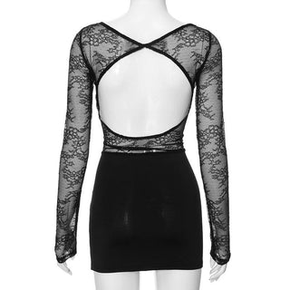 Long sleeve lace crewneck patchwork ruched mini dress
