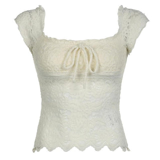Cap sleeve square neck bowknot lace ruffle top