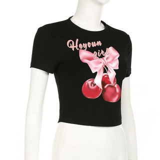 Short sleeve cherry print crewneck crop top