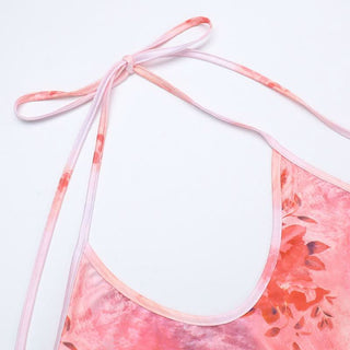 U neck halter butterfly applique print slit maxi dress