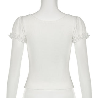 Short puff sleeve bowknot ruffle ribbed top