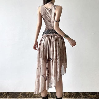 Sleeveless cowl neck print irregular ruched midi dress