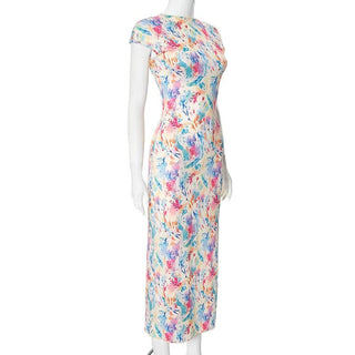 Cap sleeve print slit crewneck midi dress