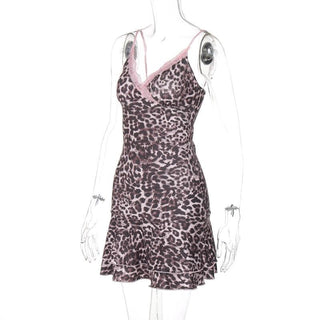 Leopard print v neck lace hem cami mini dress