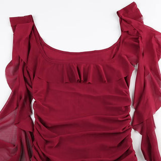 Square neck ruffle mesh ruched cami mini dress