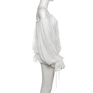 One shoulder chiffon long sleeve ribbon top