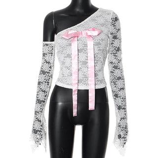 Long flared sleeve bowknot one shoulder lace top
