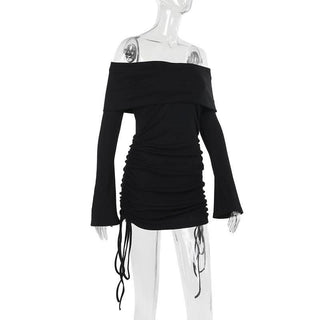 Long flared sleeve off shoulder drawstring mini dress-final-sale