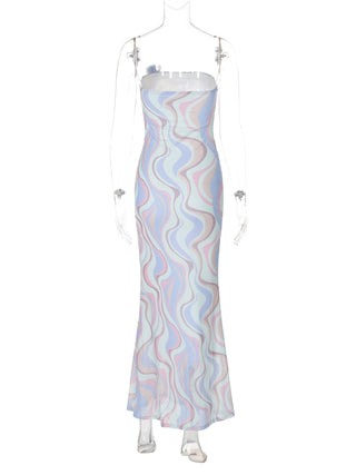 Rose applique ruched contrast mesh tube maxi dress