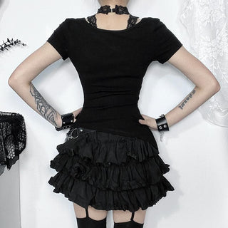 Short sleeve u neck halter lace irregular top
