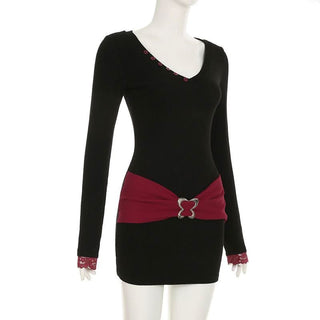Long sleeve v neck butterfly metal buckle mini dress