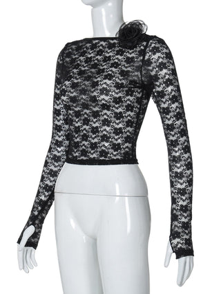Long sleeve lace flower applique backless top
