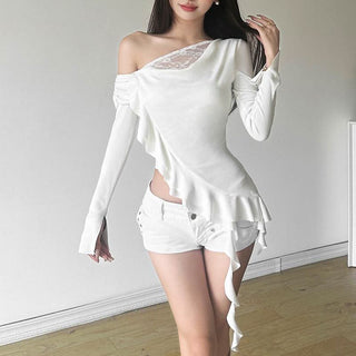 One shoulder long sleeve ruched ruffle lace hem top