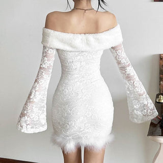 Off shoulder long flared sleeve feather lace mini dress