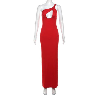 One shoulder ruched hollow out solid cami cut out maxi dress