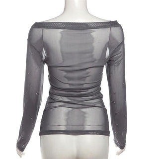 Off shoulder long sleeve beaded sheer mesh solid top