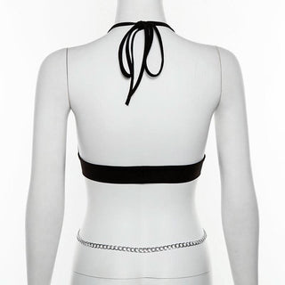 Halter self tie metal chain v neck backless top