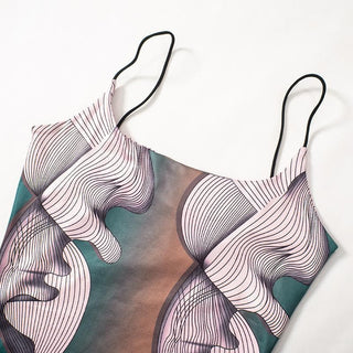 U neck abstract print contrast cami midi dress