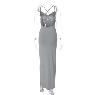Cowl neck slit ruched cross back midi dress