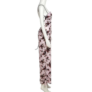 Flower print low cut spaghetti strap contrast lace up backless midi dress
